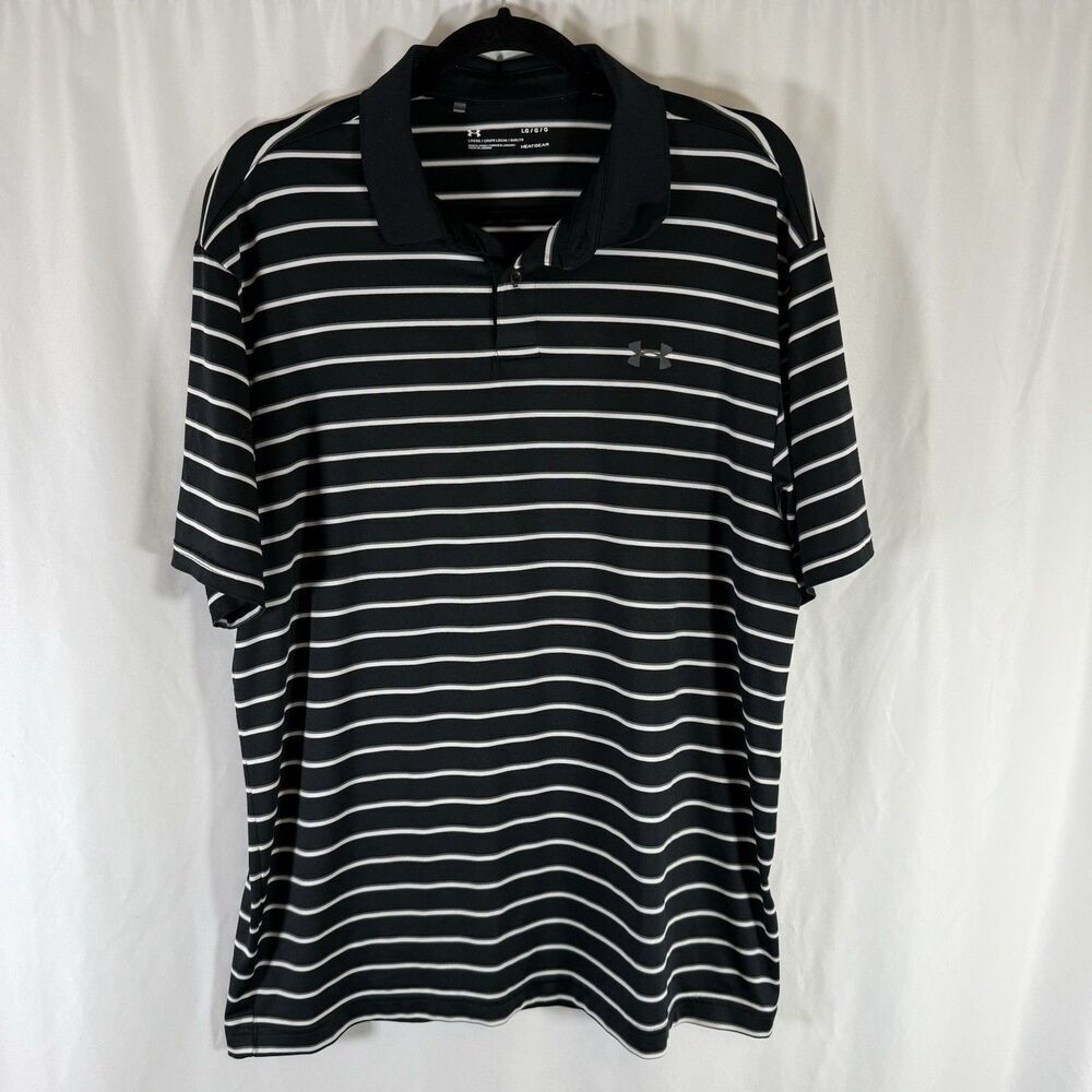 Under Armour Polo Men's Large Black Striped Short Sleeve Loose Heatgear Soft